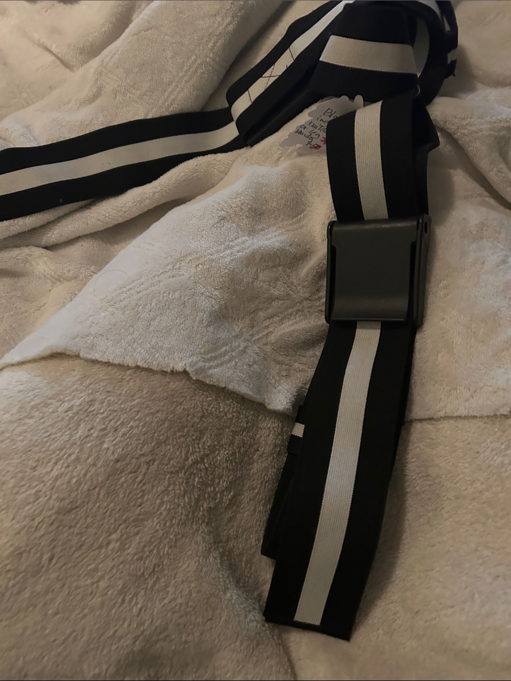 Striped Black & White thigh straps(circulation inhibitors) for toned legs.